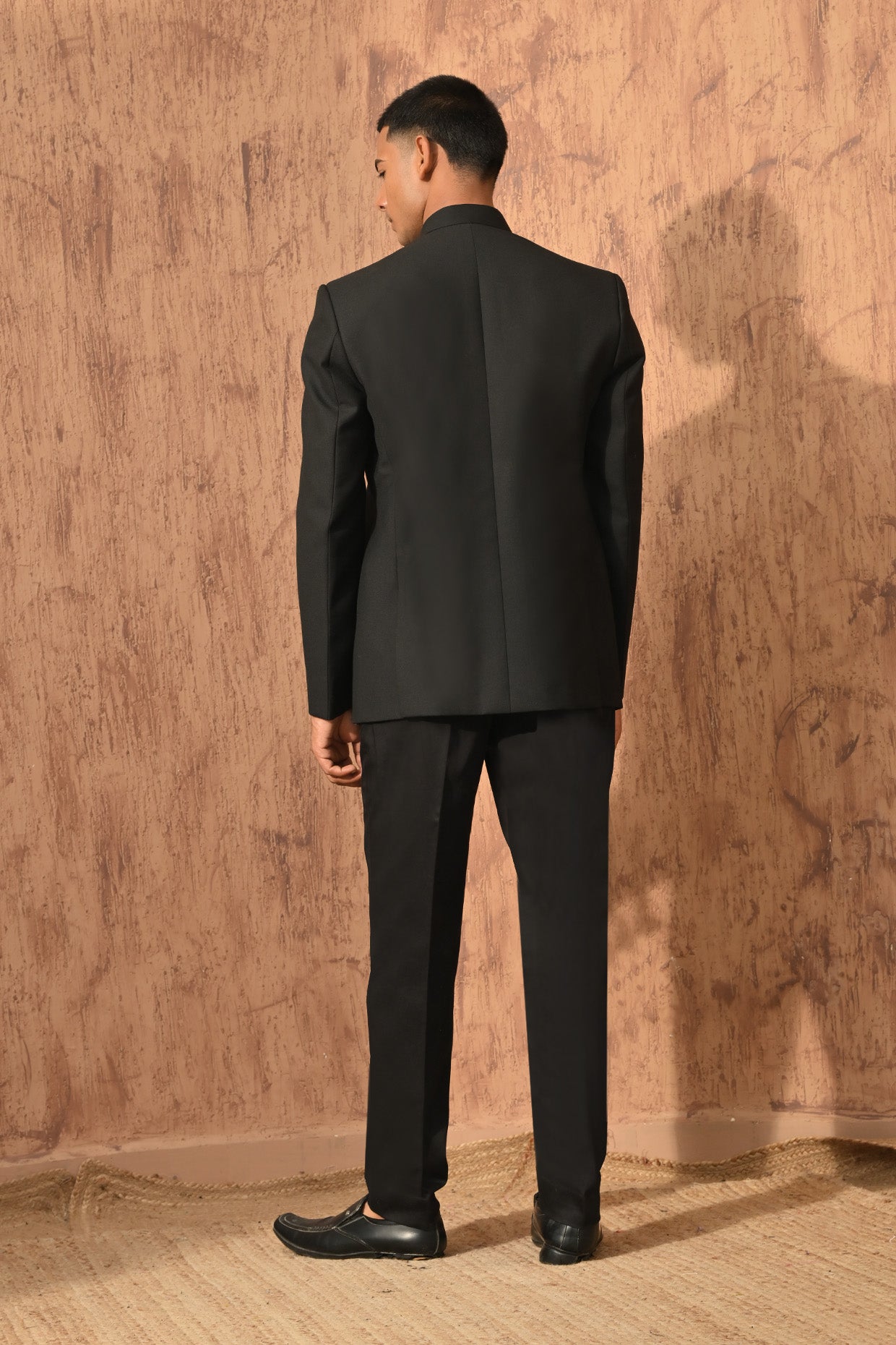 BLACK POLY VISCOSE mens bandgala set with zardozi