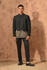 BLACK POLY VISCOSE mens bandgala set with zardozi