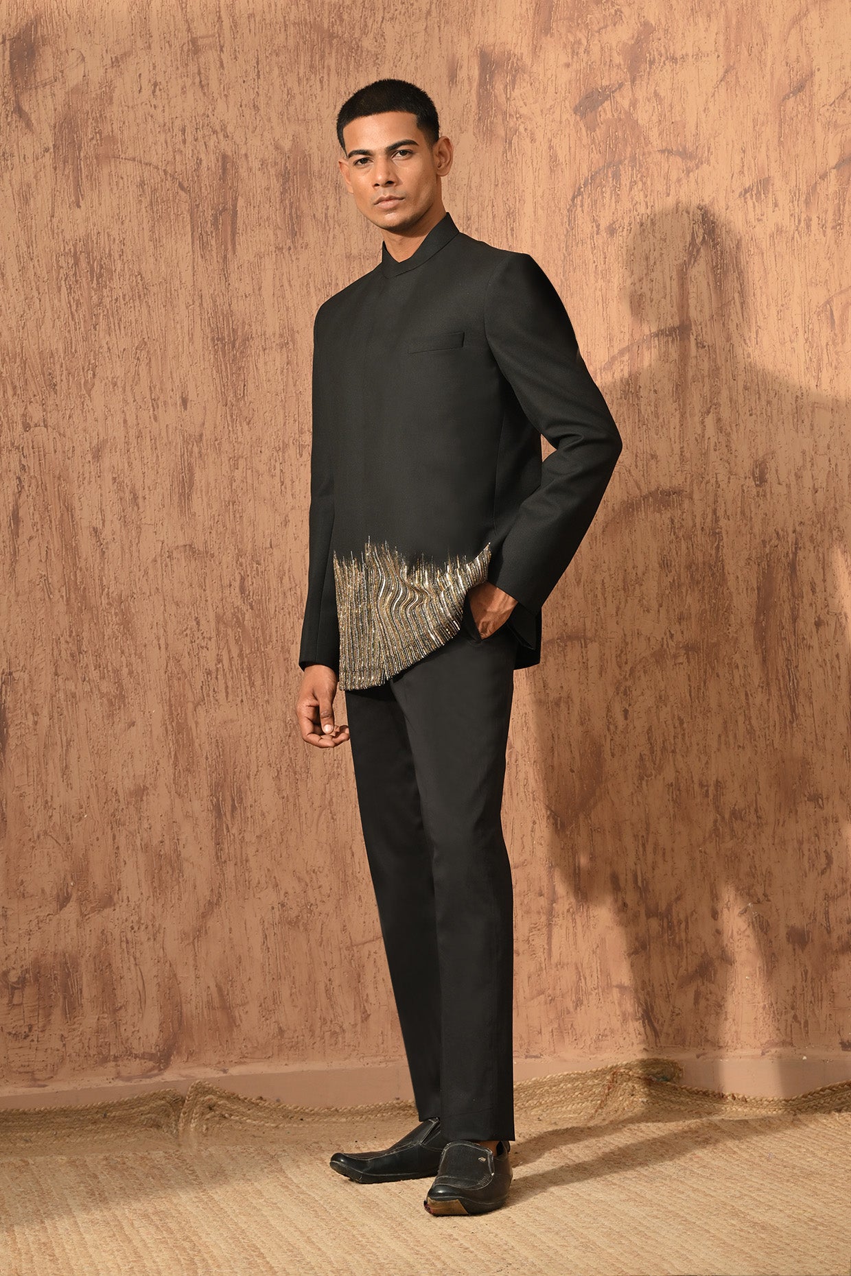 BLACK POLY VISCOSE mens bandgala set with zardozi