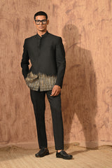 BLACK POLY VISCOSE mens bandgala set with zardozi