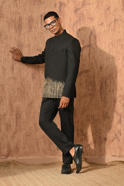 BLACK POLY VISCOSE mens bandgala set with zardozi