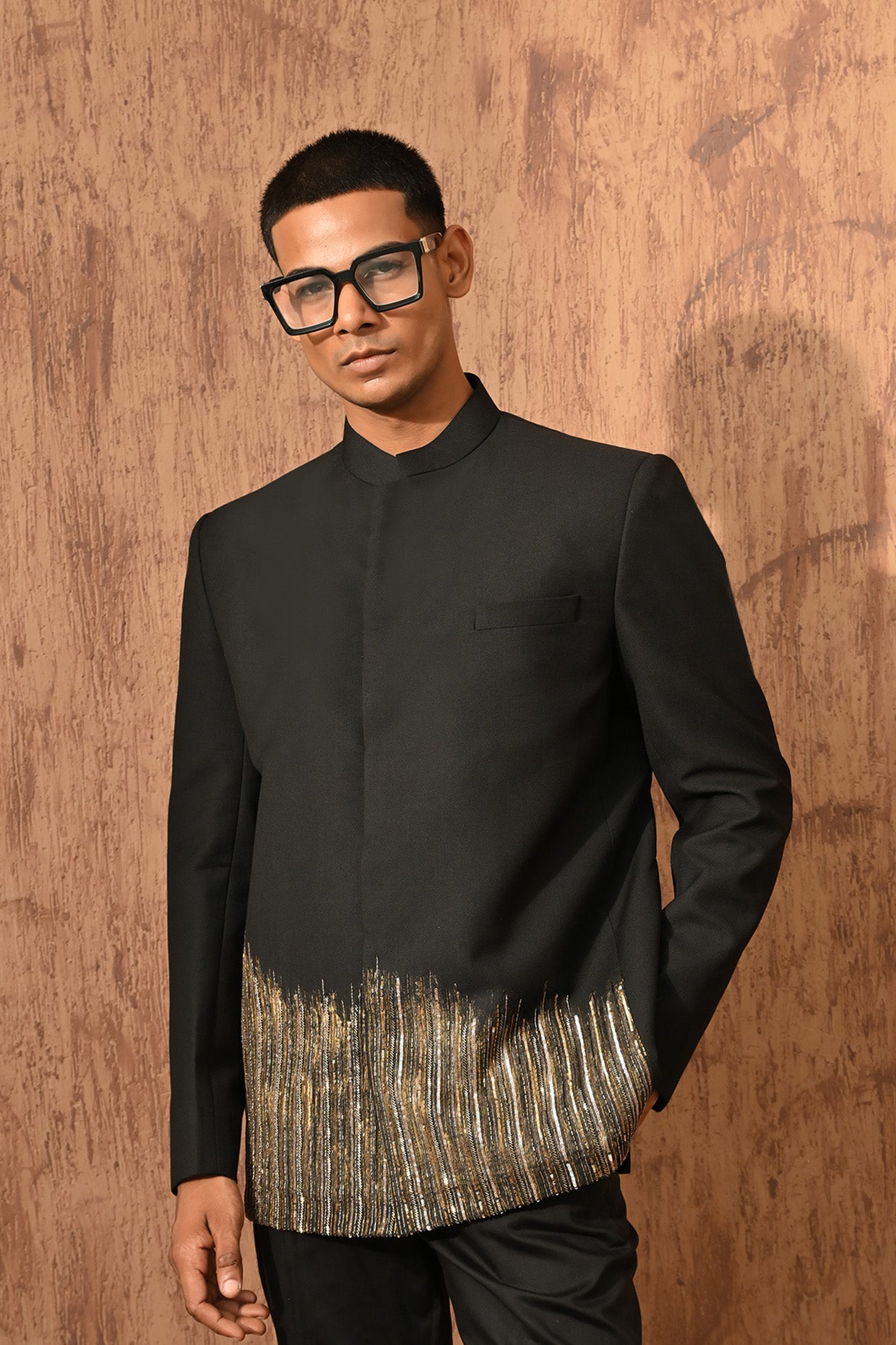 BLACK POLY VISCOSE mens bandgala set with zardozi