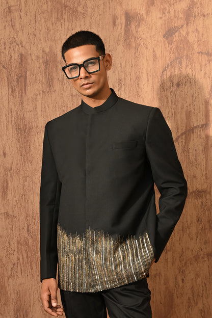 BLACK POLY VISCOSE mens bandgala set with zardozi