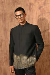 BLACK POLY VISCOSE mens bandgala set with zardozi