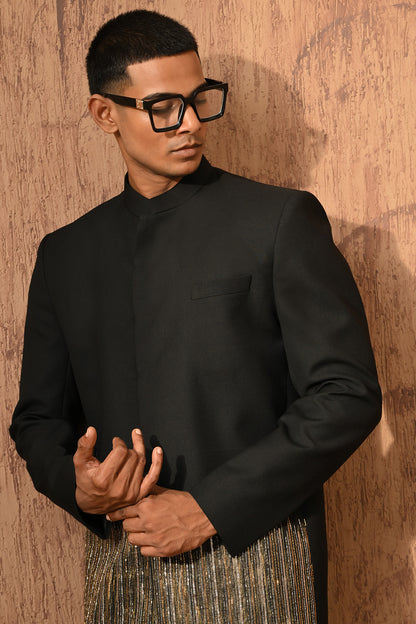 BLACK POLY VISCOSE mens bandgala set with zardozi