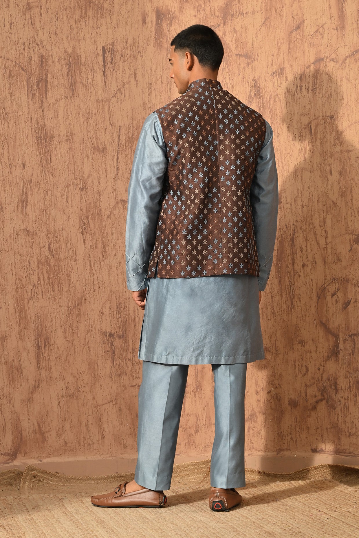 BLUE VISCOSE SILK mens kurta pajama nehru jacket with threadwork