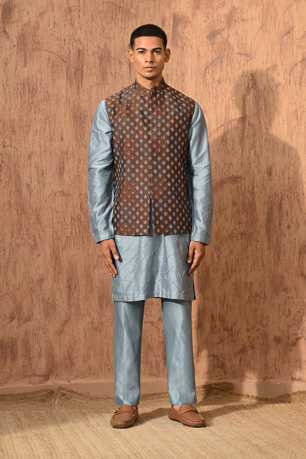 BLUE VISCOSE SILK mens kurta pajama nehru jacket with threadwork