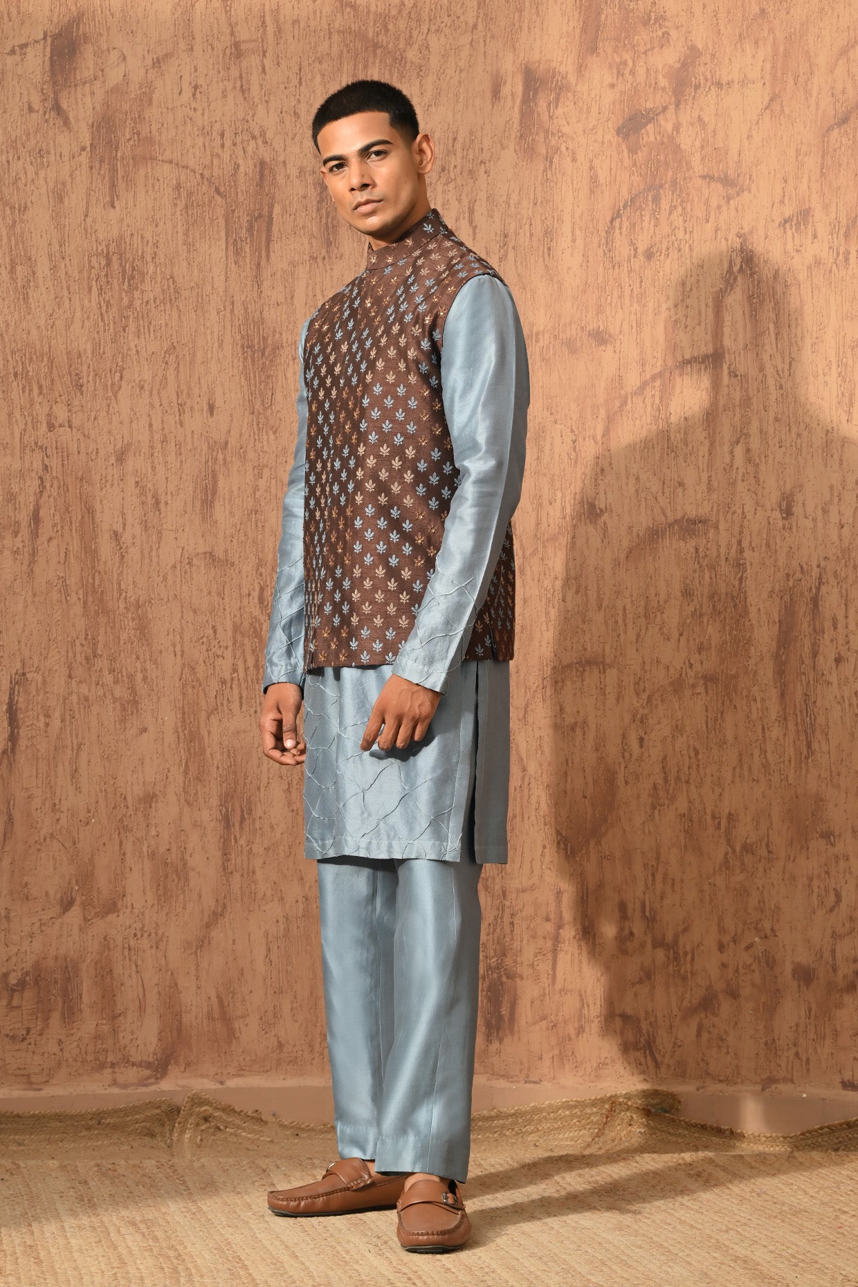 BLUE VISCOSE SILK mens kurta pajama nehru jacket with threadwork