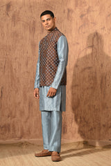 BLUE VISCOSE SILK mens kurta pajama nehru jacket with threadwork