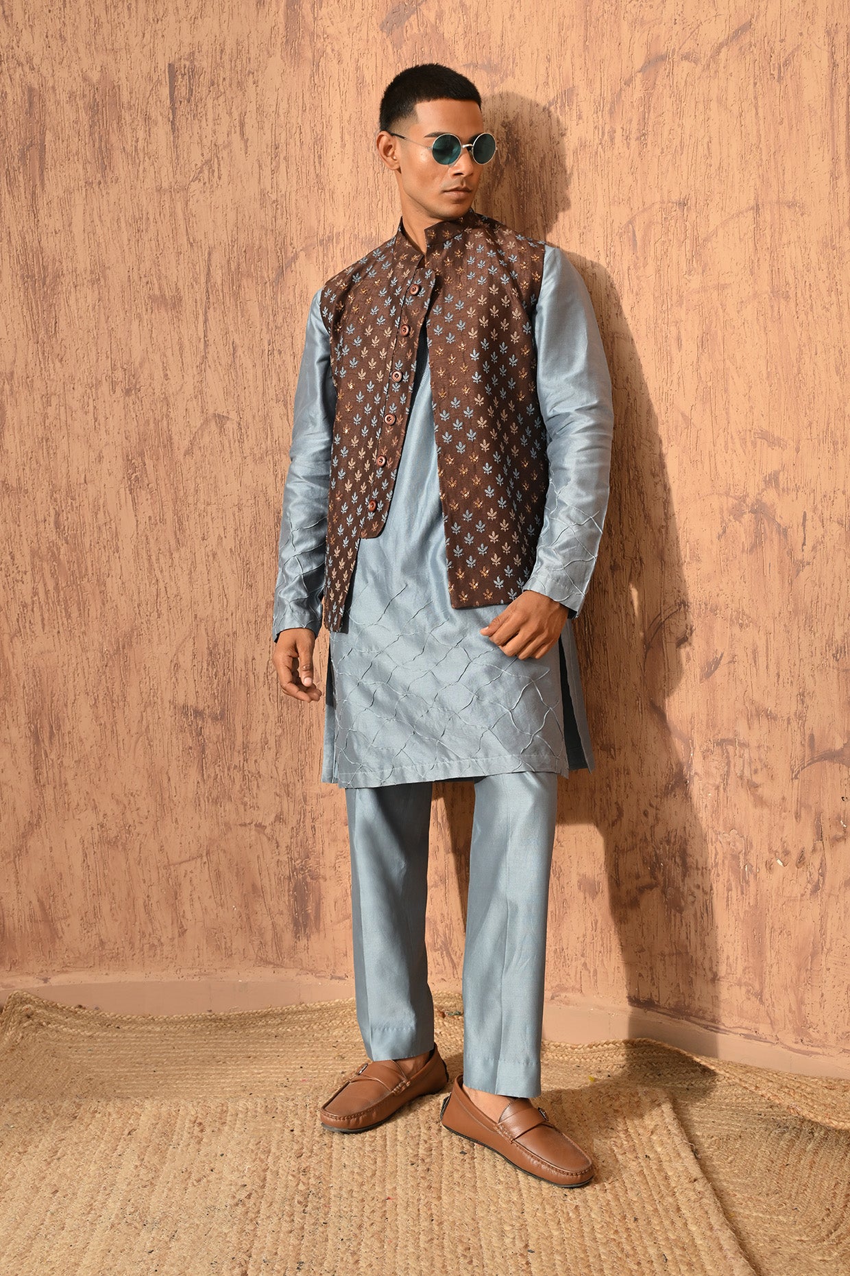 BLUE VISCOSE SILK mens kurta pajama nehru jacket with threadwork