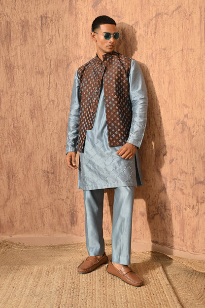 BLUE VISCOSE SILK mens kurta pajama nehru jacket with threadwork