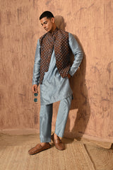 BLUE VISCOSE SILK mens kurta pajama nehru jacket with threadwork