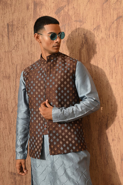BLUE VISCOSE SILK mens kurta pajama nehru jacket with threadwork