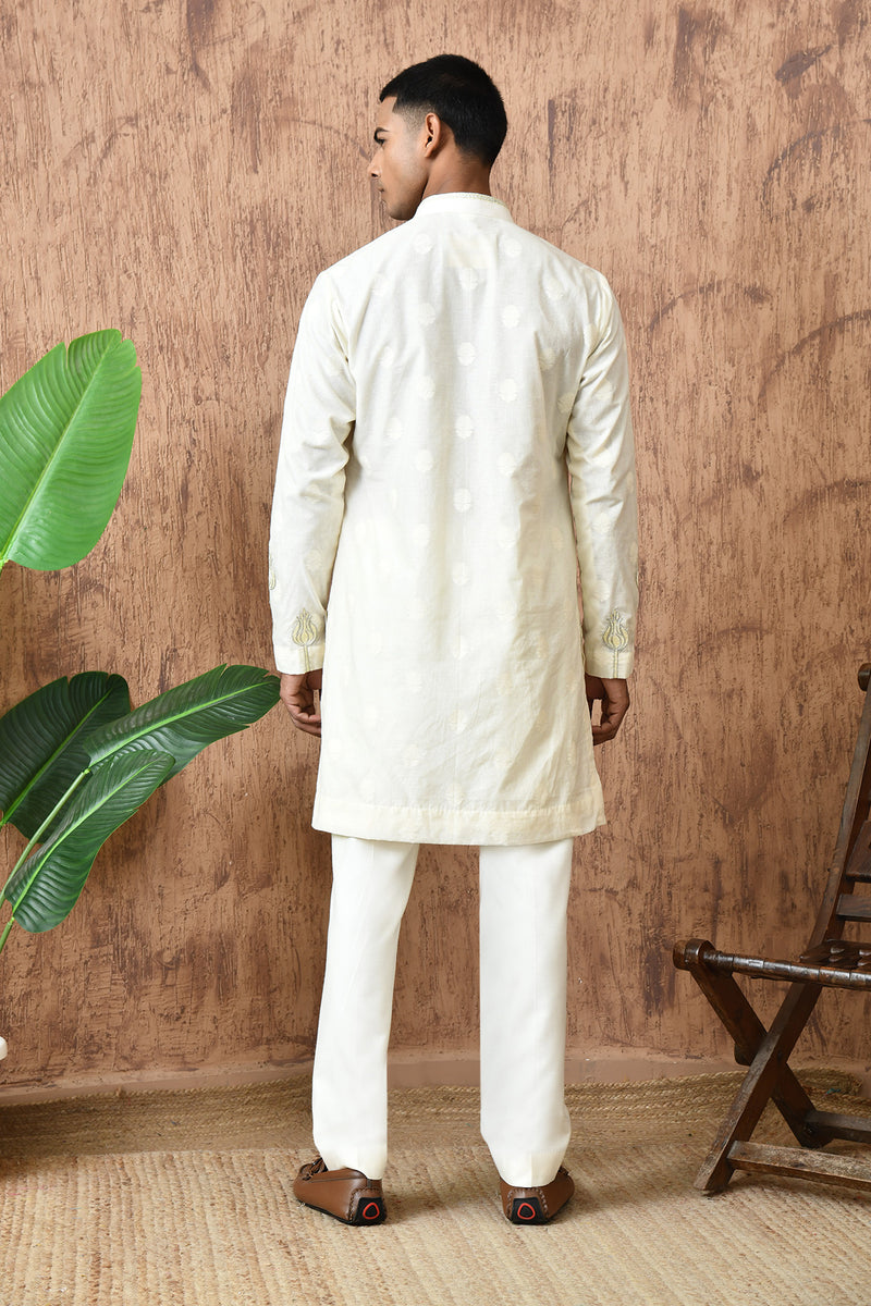 IVORY COTON JACQUARD mens kurta pajama with zari and thread work