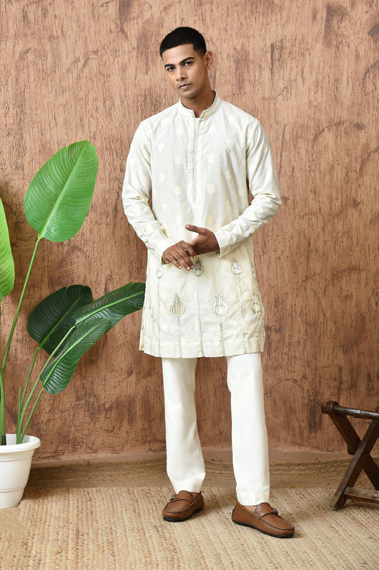 IVORY COTON JACQUARD mens kurta pajama with zari and thread work