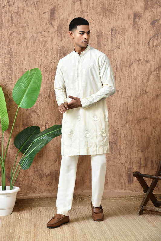 IVORY COTON JACQUARD mens kurta pajama with zari and thread work