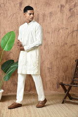 IVORY COTON JACQUARD mens kurta pajama with zari and thread work