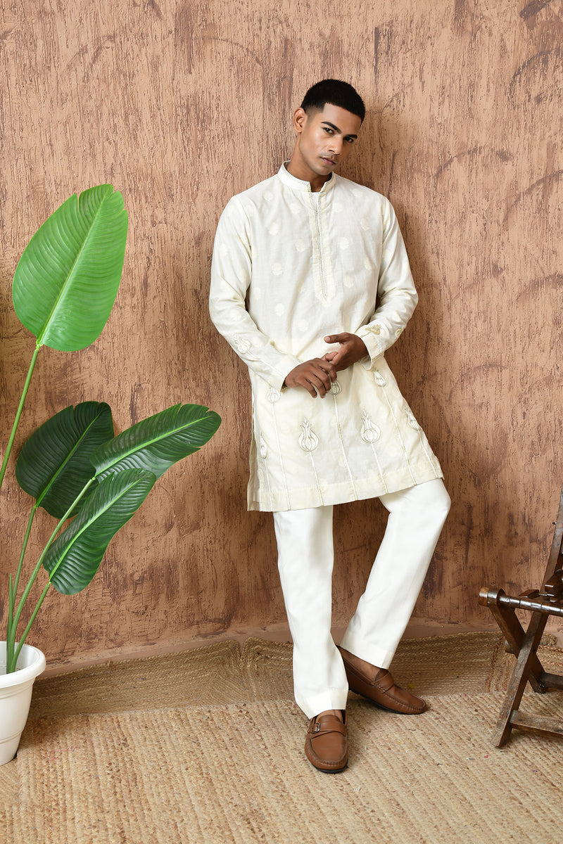 IVORY COTON JACQUARD mens kurta pajama with zari and thread work