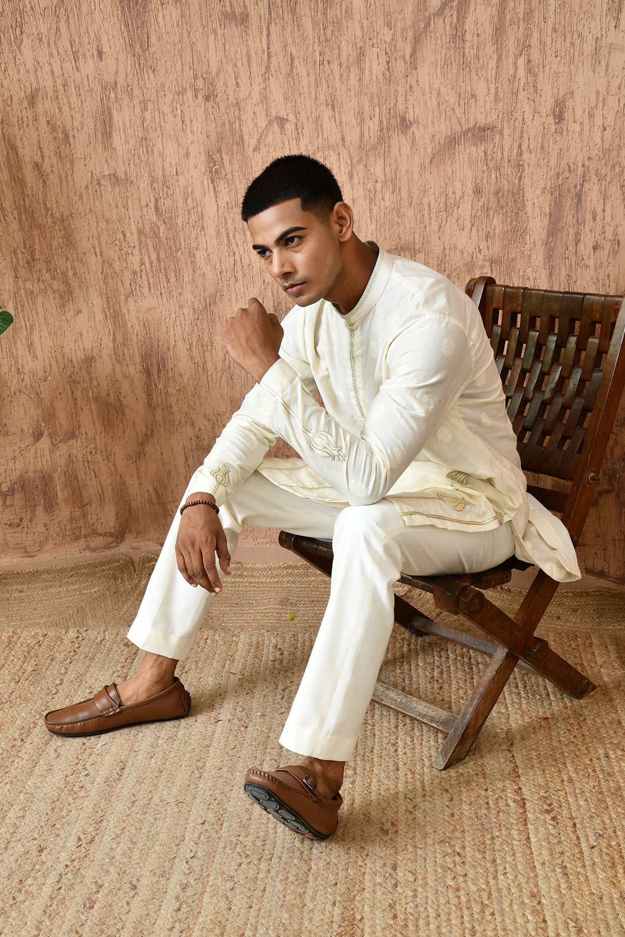 IVORY COTON JACQUARD mens kurta pajama with zari and thread work