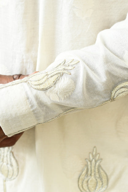 IVORY COTON JACQUARD mens kurta pajama with zari and thread work