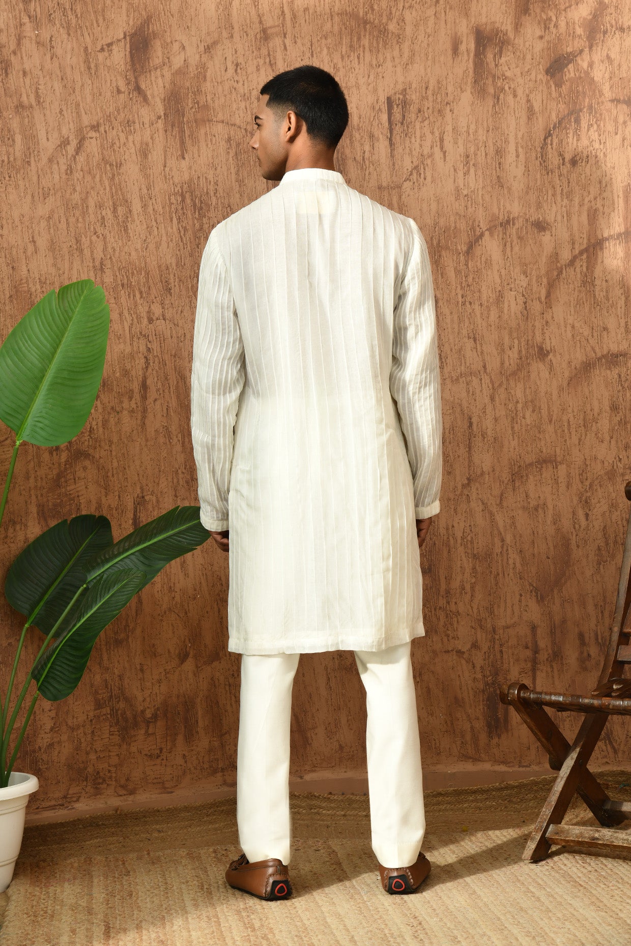 IVORY ORGANZA mens kurta pajama with pleating and sequence