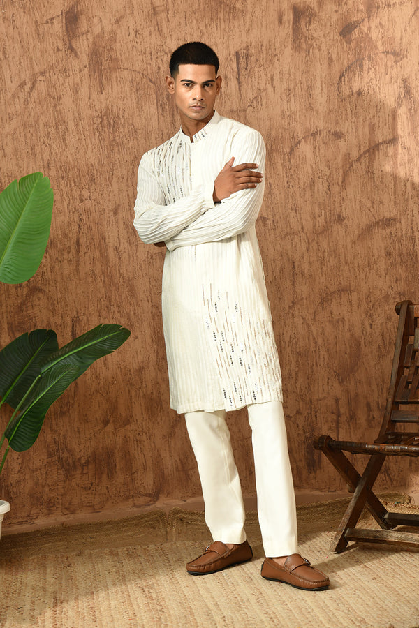 IVORY ORGANZA mens kurta pajama with pleating and sequence