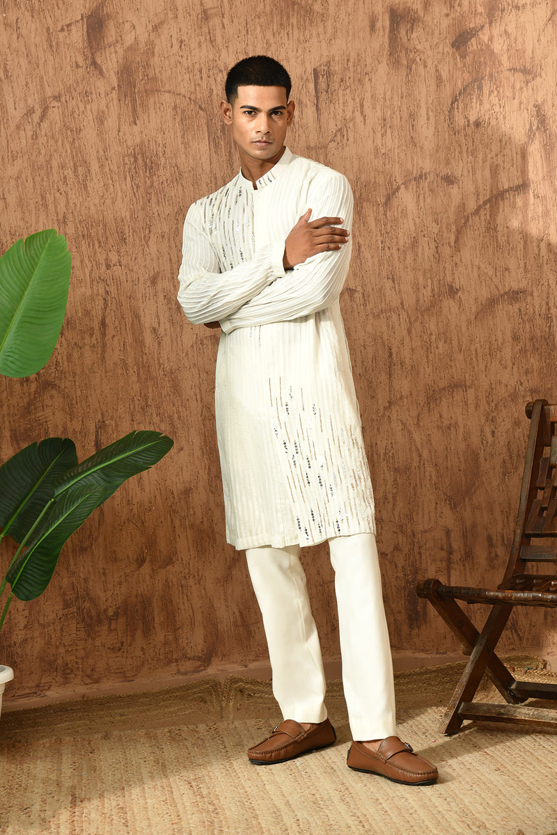 IVORY ORGANZA mens kurta pajama with pleating and sequence