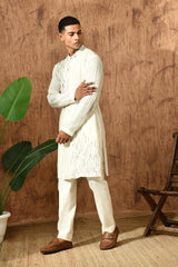 IVORY ORGANZA mens kurta pajama with pleating and sequence