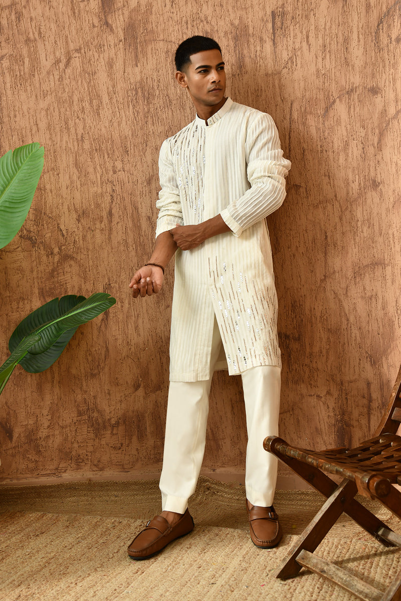 IVORY ORGANZA mens kurta pajama with pleating and sequence