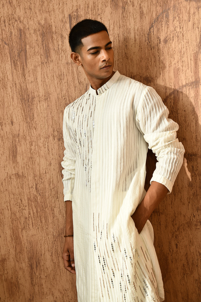 IVORY ORGANZA mens kurta pajama with pleating and sequence