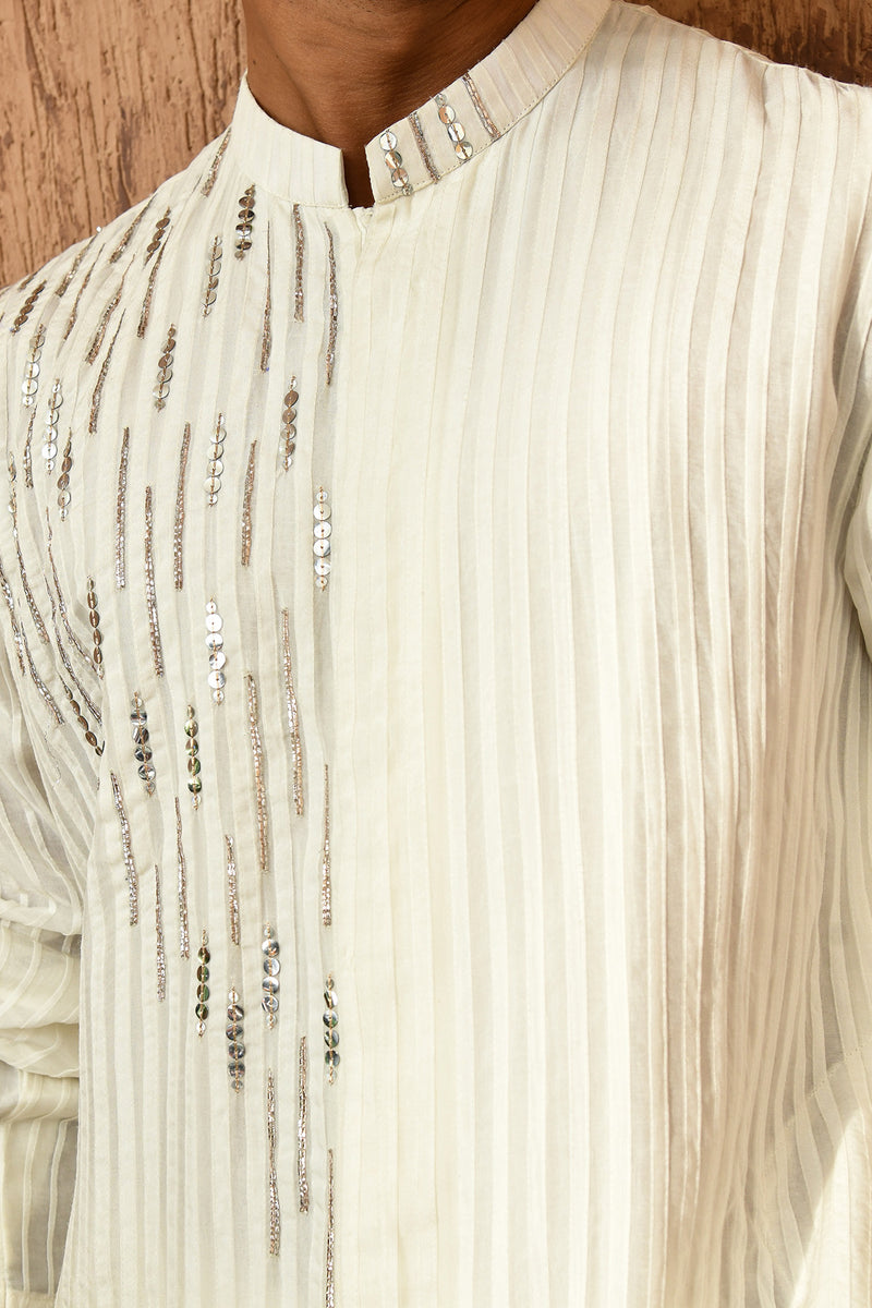 IVORY ORGANZA mens kurta pajama with pleating and sequence