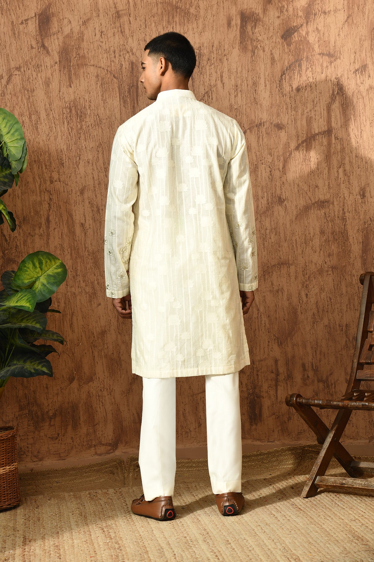 IVORY COTTON JACQUARD mens kurta pajama with zari work