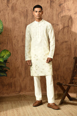 IVORY COTTON JACQUARD mens kurta pajama with zari work