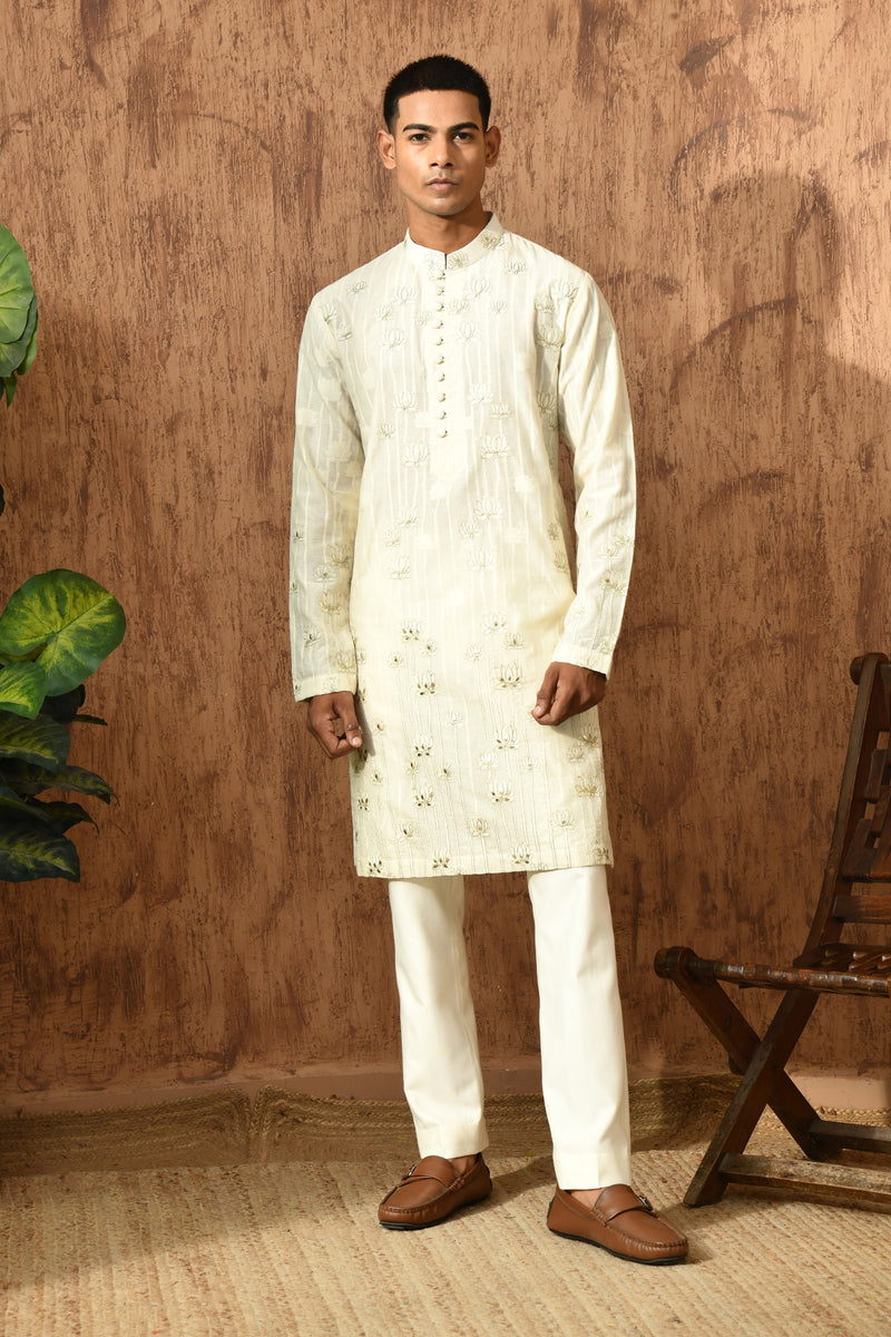 IVORY COTTON JACQUARD mens kurta pajama with zari work