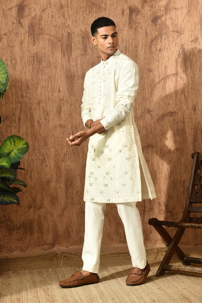 IVORY COTTON JACQUARD mens kurta pajama with zari work