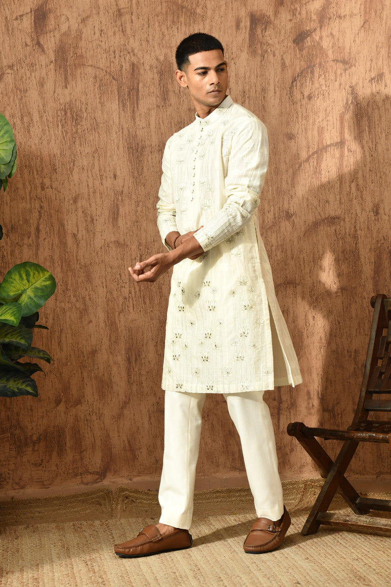 IVORY COTTON JACQUARD mens kurta pajama with zari work