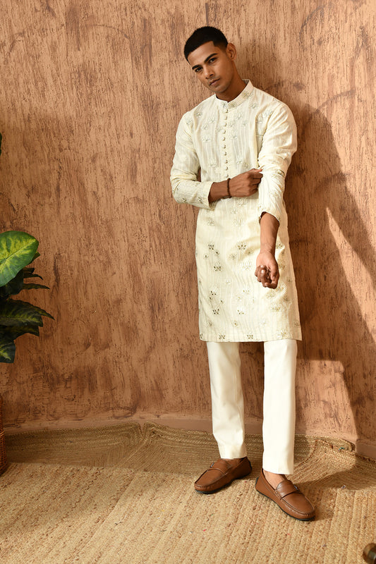 IVORY COTTON JACQUARD mens kurta pajama with zari work