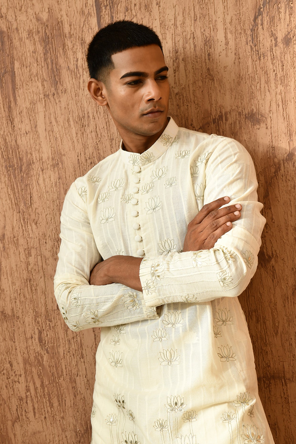 IVORY COTTON JACQUARD mens kurta pajama with zari work