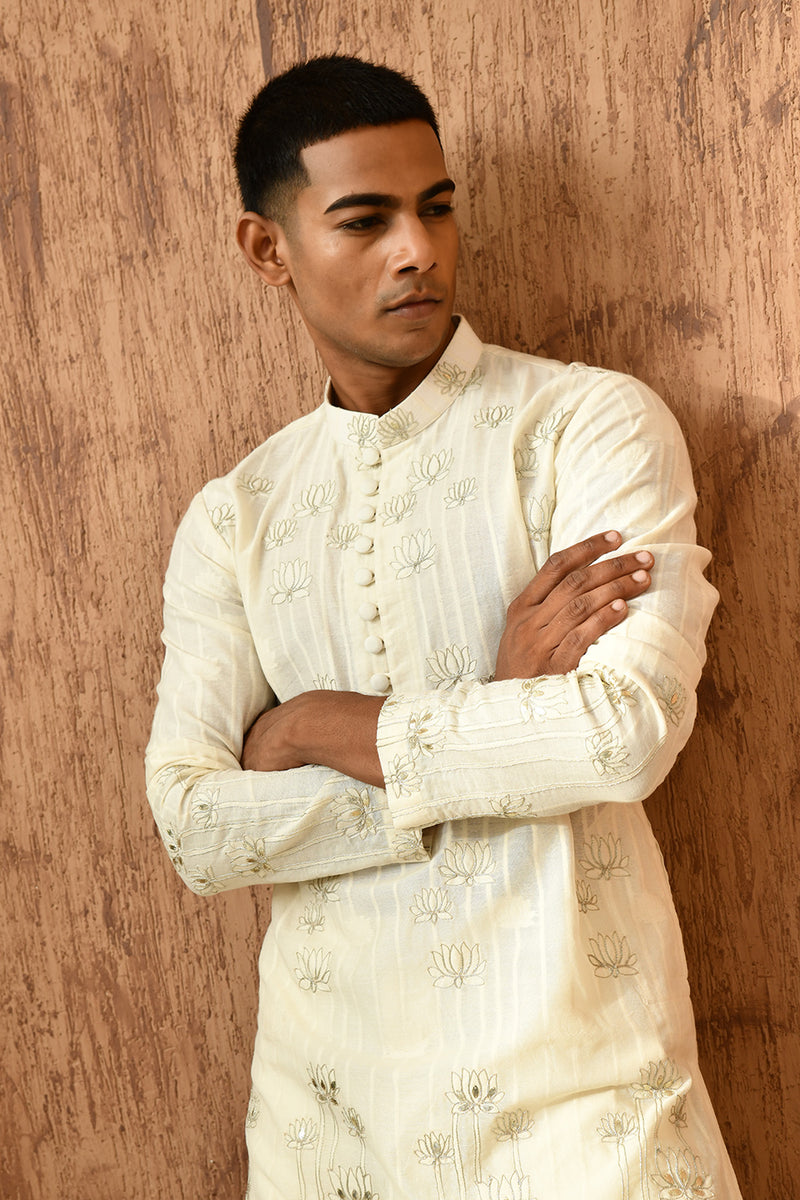 IVORY COTTON JACQUARD mens kurta pajama with zari work