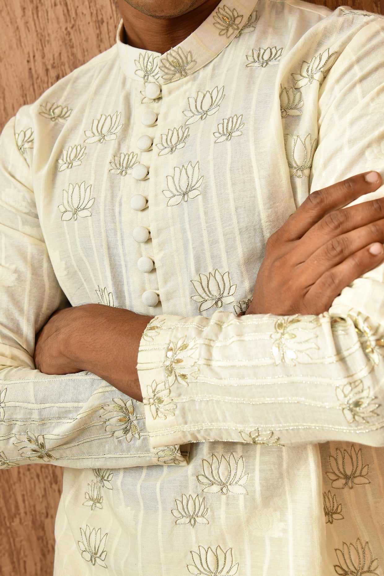 IVORY COTTON JACQUARD mens kurta pajama with zari work