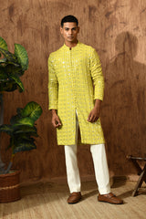 GREEN GEORGETTE mens kurta pajama with sequencework