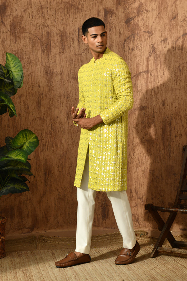 GREEN GEORGETTE mens kurta pajama with sequencework