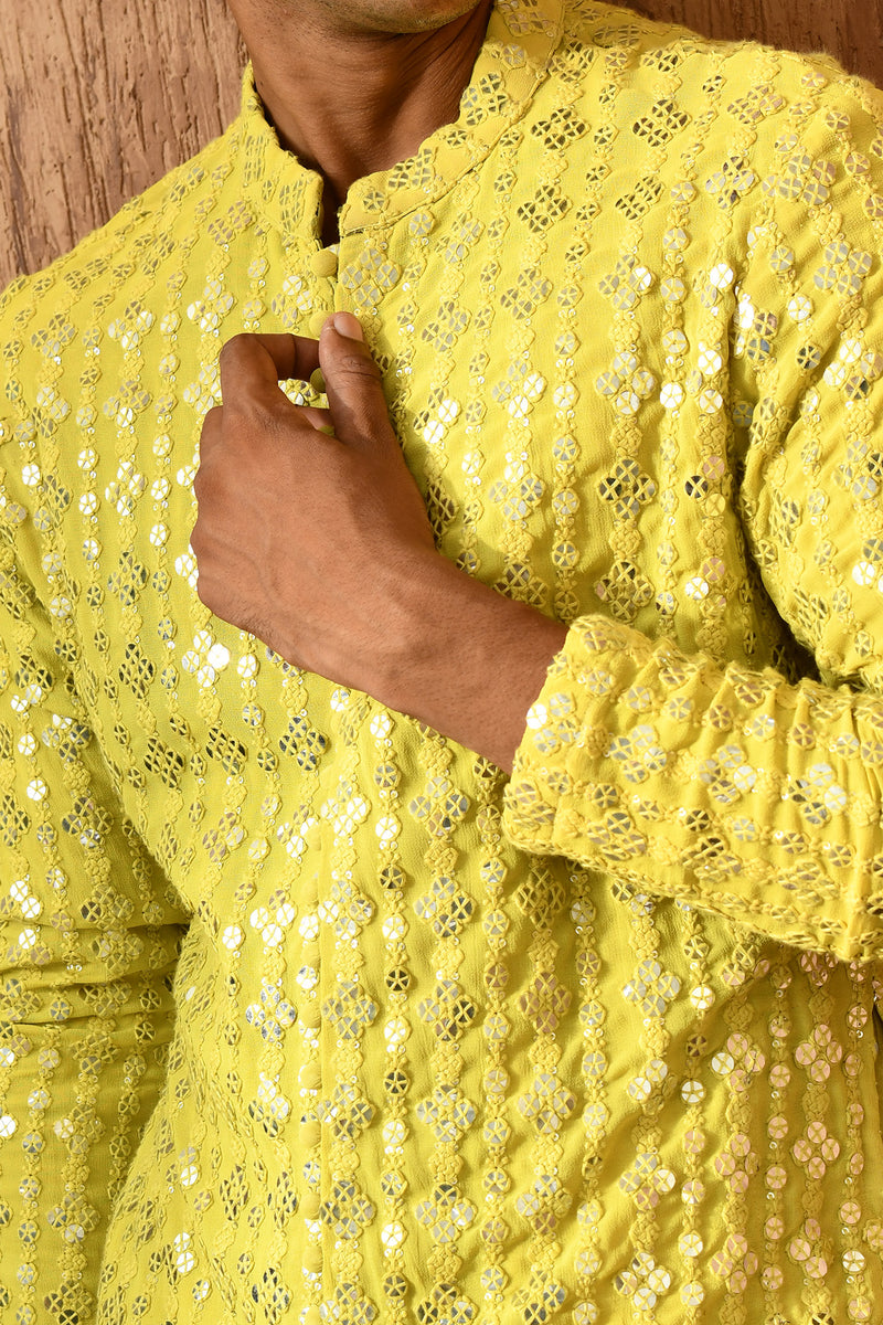 GREEN GEORGETTE mens kurta pajama with sequencework