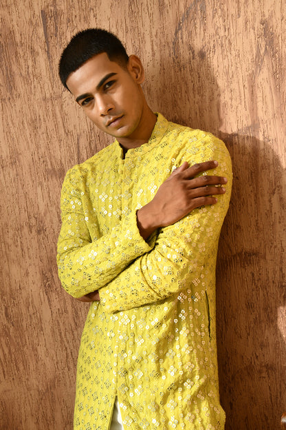 GREEN GEORGETTE mens kurta pajama with sequencework