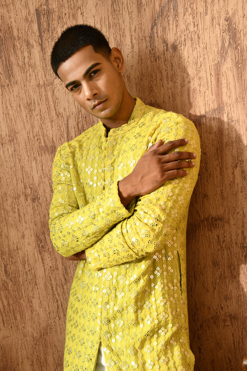 GREEN GEORGETTE mens kurta pajama with sequencework