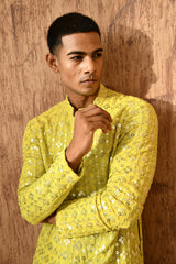 GREEN GEORGETTE mens kurta pajama with sequencework