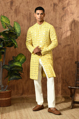 YELLOW GEORGETTE mens kurta pajama with sequencework