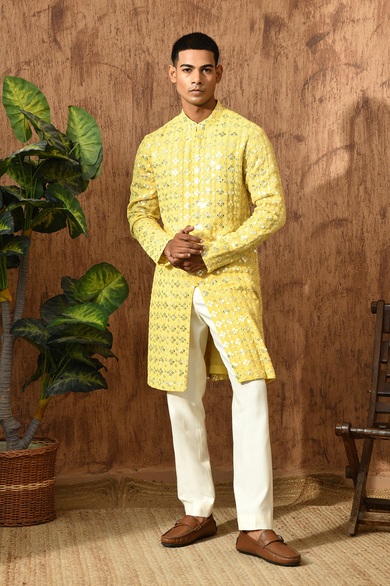 YELLOW GEORGETTE mens kurta pajama with sequencework