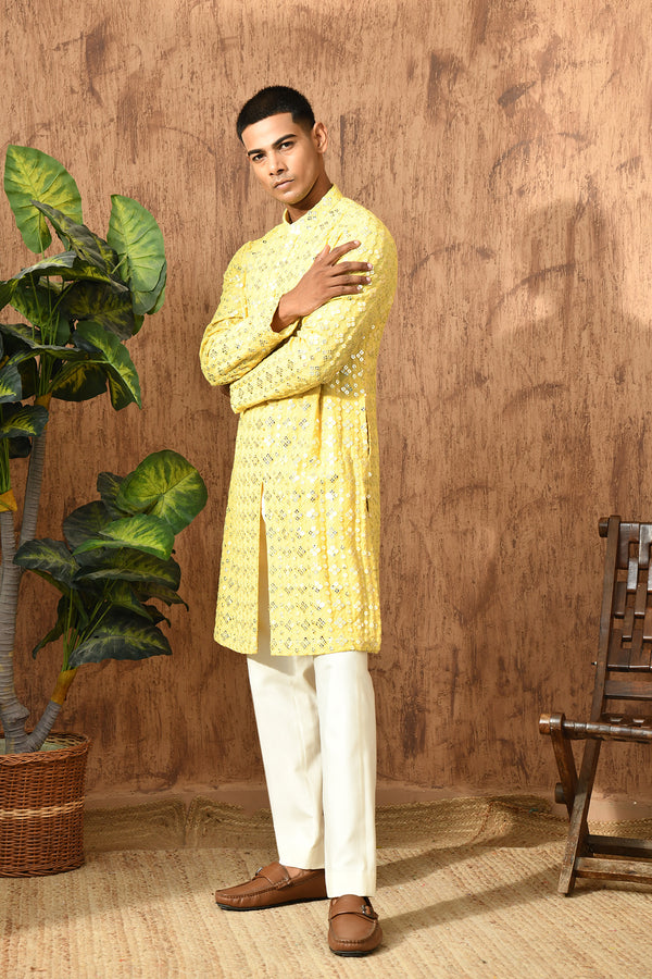 YELLOW GEORGETTE mens kurta pajama with sequencework