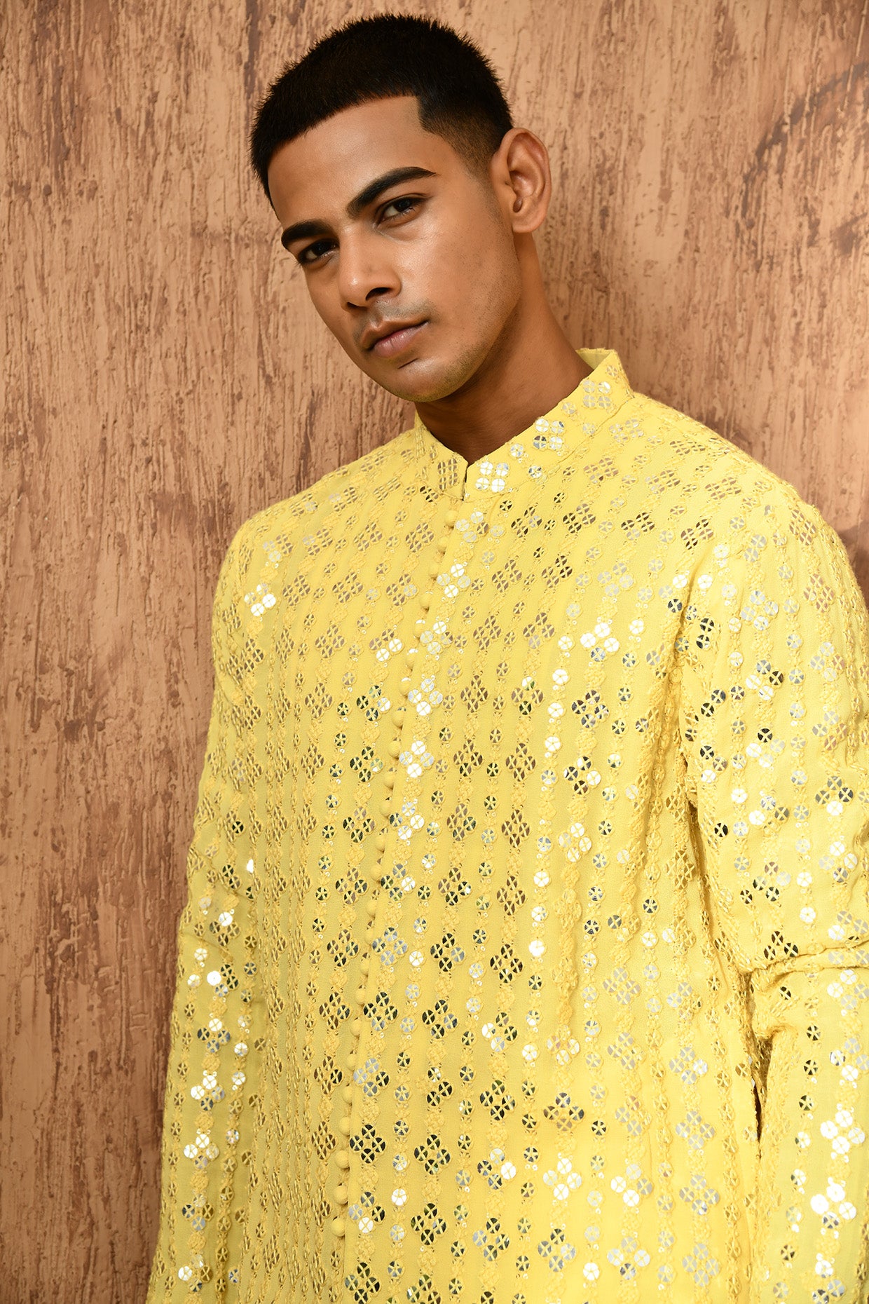 YELLOW GEORGETTE mens kurta pajama with sequencework